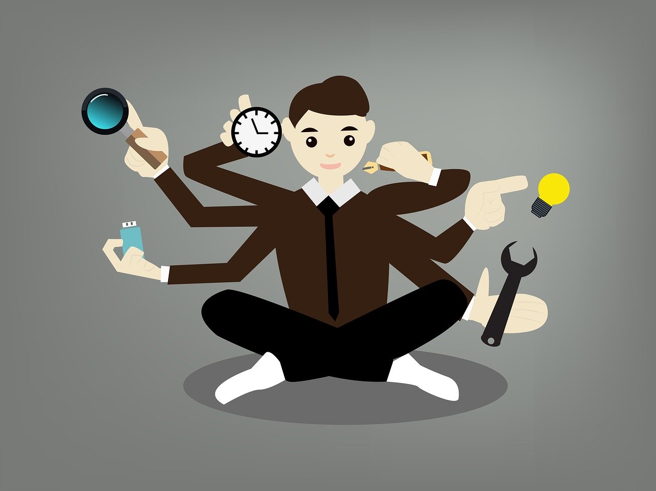 Graphic of a man with six arms each doing a different task